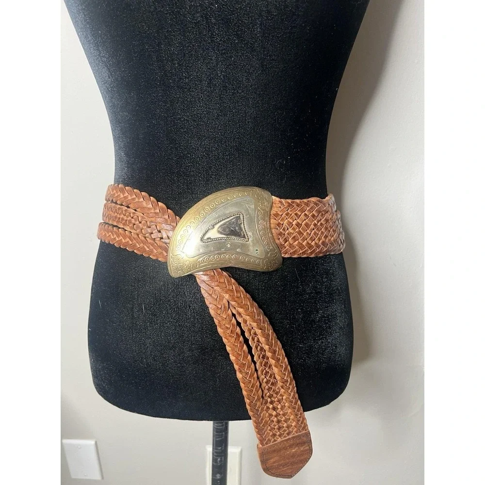 Chicos MOROCCAN BELT Braided Leather Belt, Silver-Toned Metal Vintage S/M